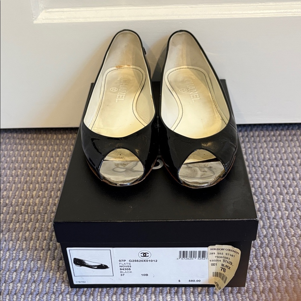 CHANEL Black Peep Toe Flats